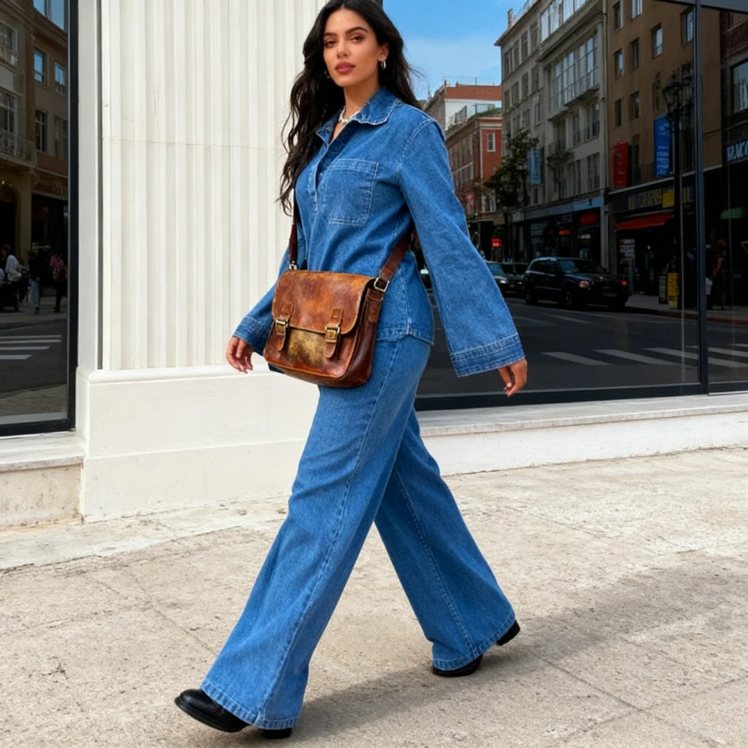 Matching Two Piece Denim Shirt and Wide Leg Pants Set for Women