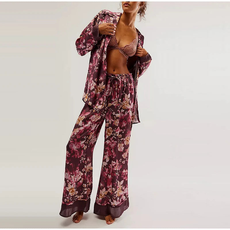 Casual Print Blouse and Wide Leg Pants Set for Women