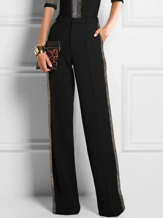 Beautyblue Women's Wide Pants Contrast Sequin Trousers 2025 New High Waisted Loose Pockets Fashion Casual Loose Female Bottom