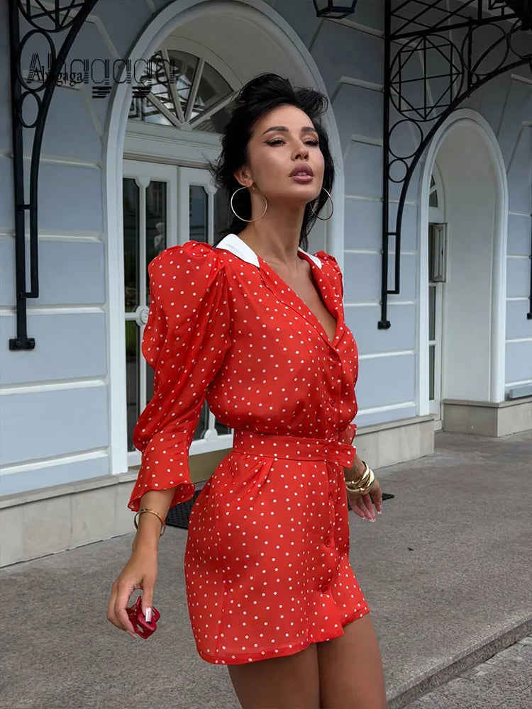Elegant Polka Dot V Neck Puff Sleeve Mini Dress for Women