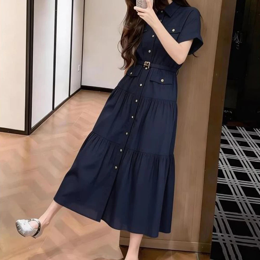 French Blue Short Sleeve Shirt Dress