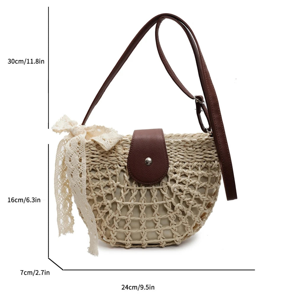 Straw Knitted Shoulder Bag With Bowknot Handmade for Women