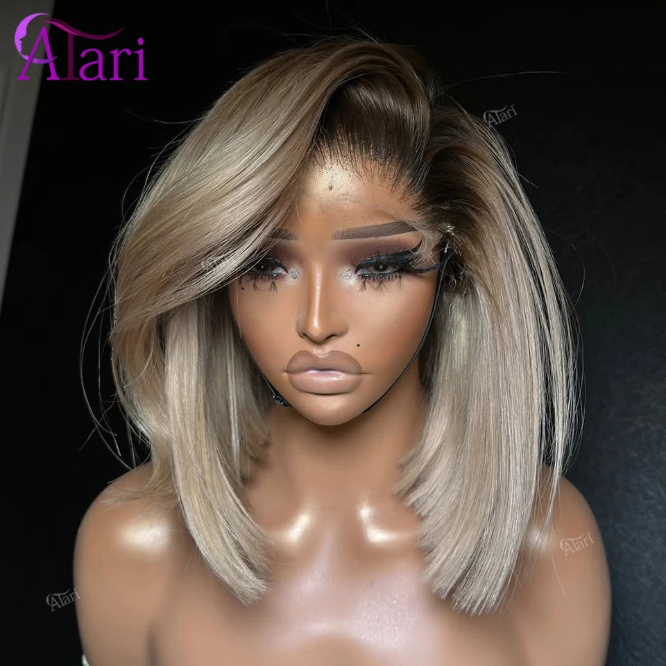 Full Lace Straight Bob Wig With Brown Roots For Women