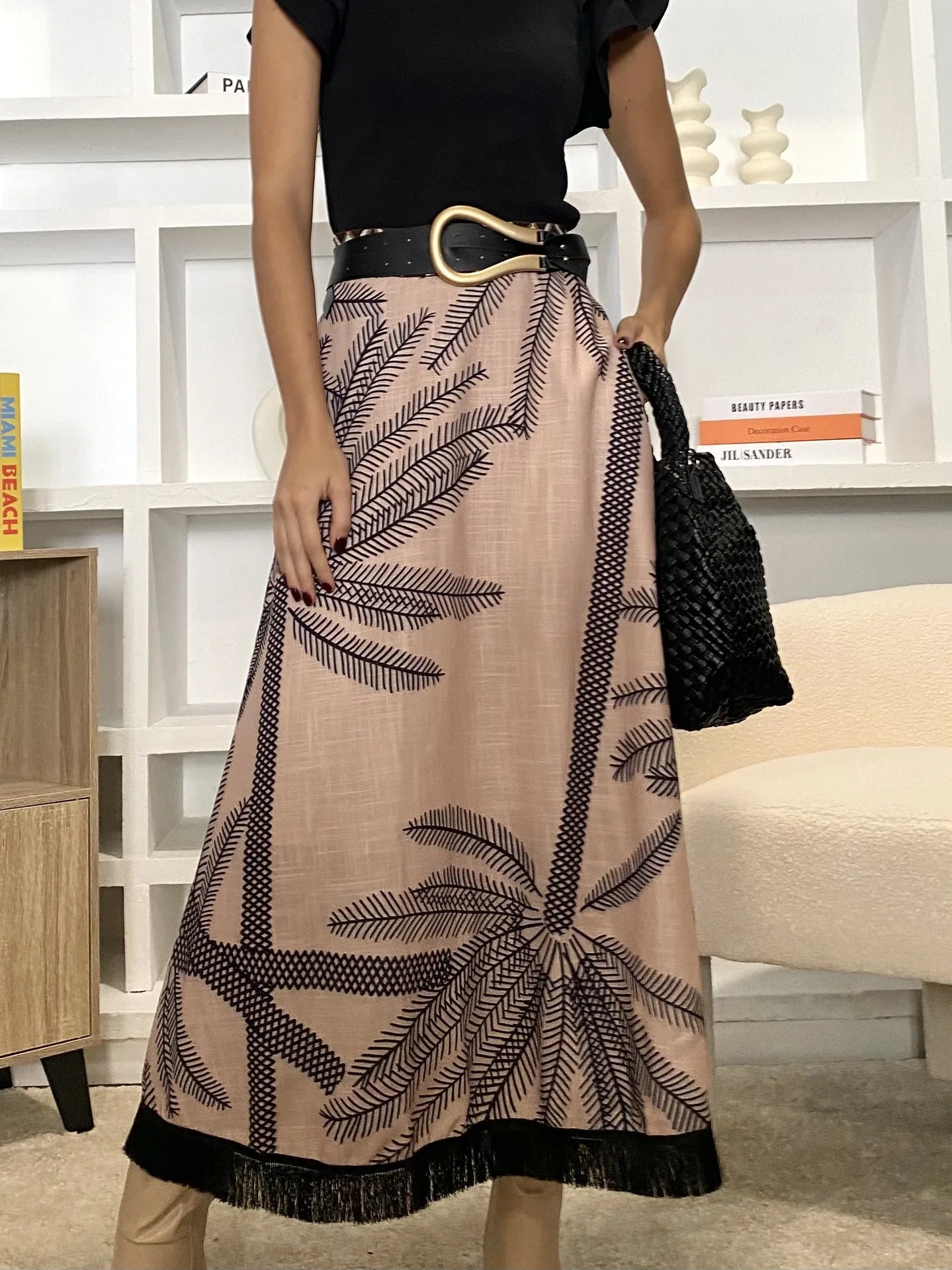 Vintage Plant Printed Hem Tassel Skirts For Women 2025 Spring Autumn New A-line Holiday Party Skirt Fashion All-match Vestidos
