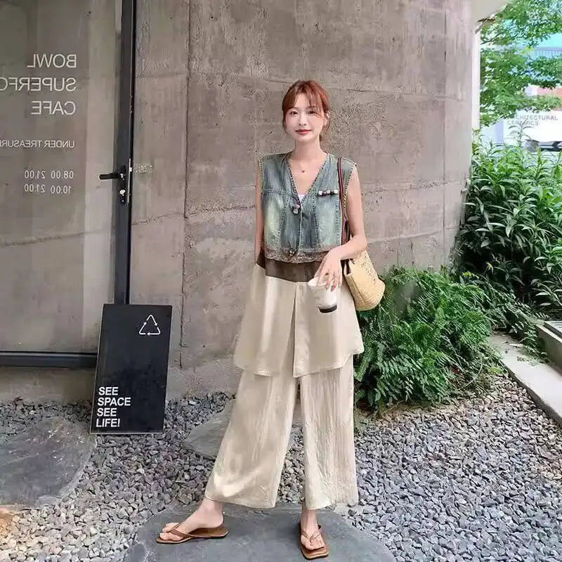 ANJY Summer New Women's High Street Fashion Unique Design Denim Patchwork Contrast Color Button Vest Casual Wide Leg Pants A7944