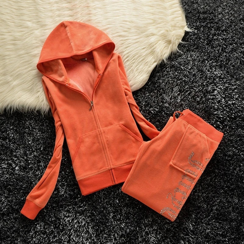 Y2K Velvet Rhinestone Two Piece Tracksuit Set for Women