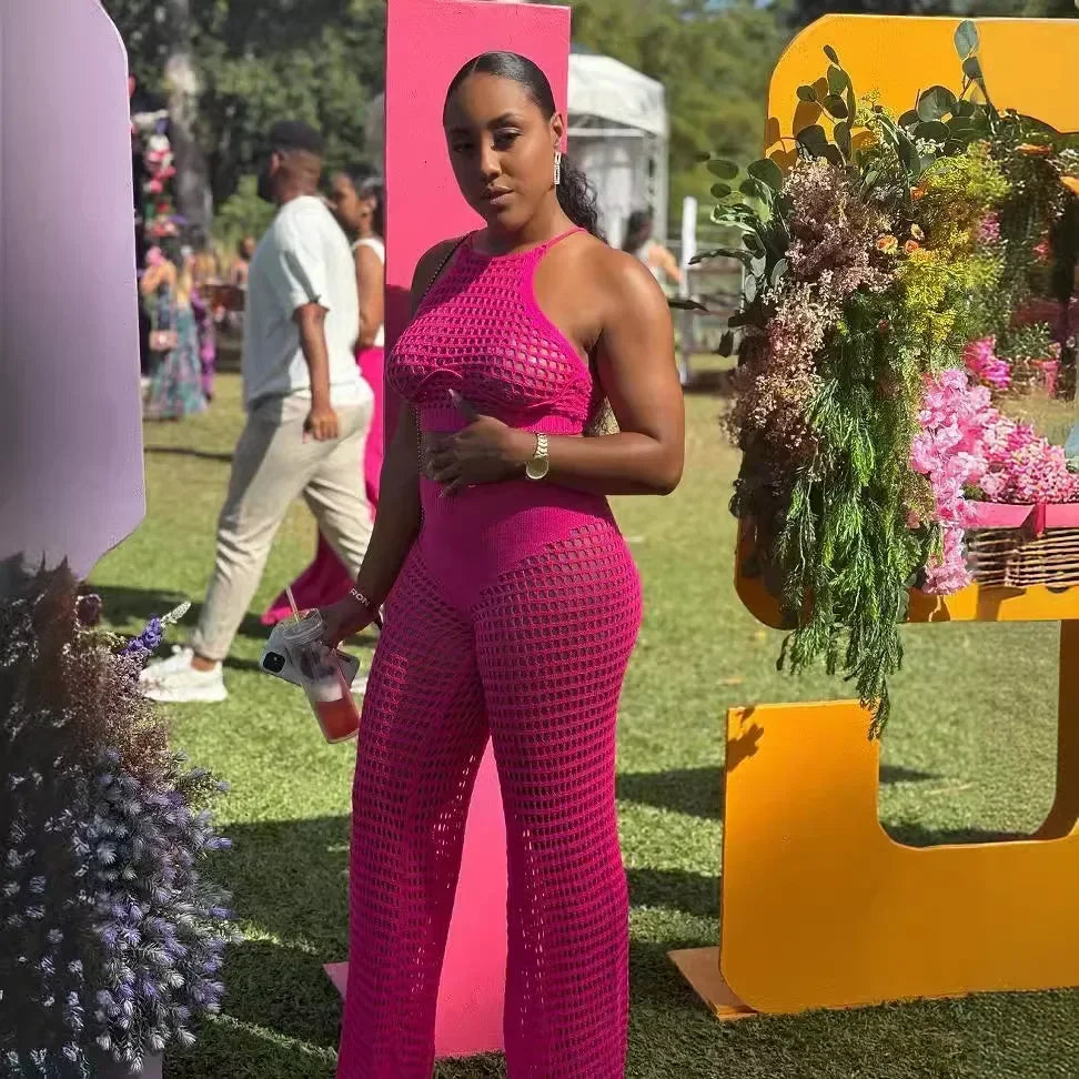 Sleeveless Pink Knit Two-Piece Trouser Set for Women