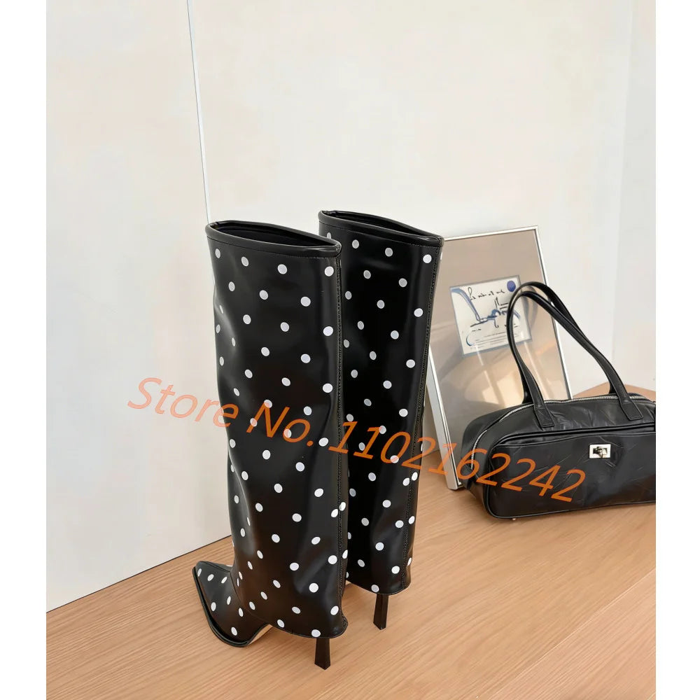 Polka Dot Pointed Toe Stiletto Knee High Boots for Women