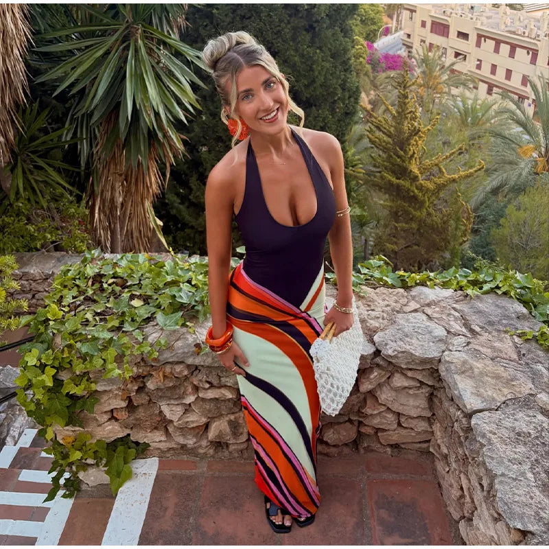 Sleeveless Backless Contrast Halter Maxi Dress for Women