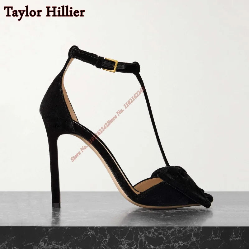 Velvet Bowknot Stiletto Sandals with Ankle Strap for Women
