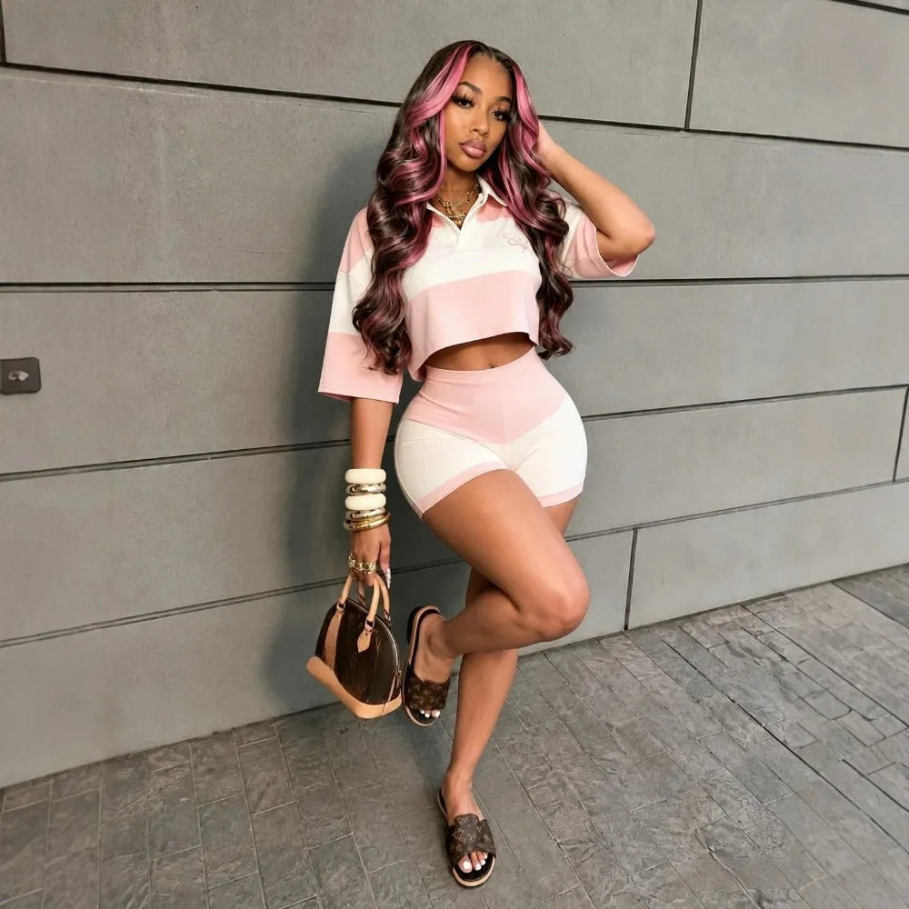 Pink Color Block V Neck Crop Top and Shorts Set for Women