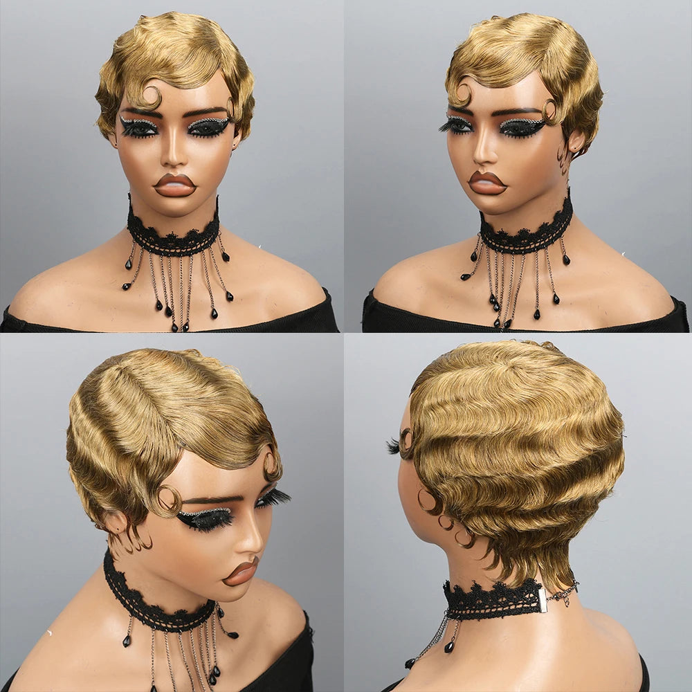 Short Finger Wave Wig Human Hair Wigs For Women 180% Density Brown Short Ocean Wave Wig Pixie Cut Wigs for Woman Natural Look