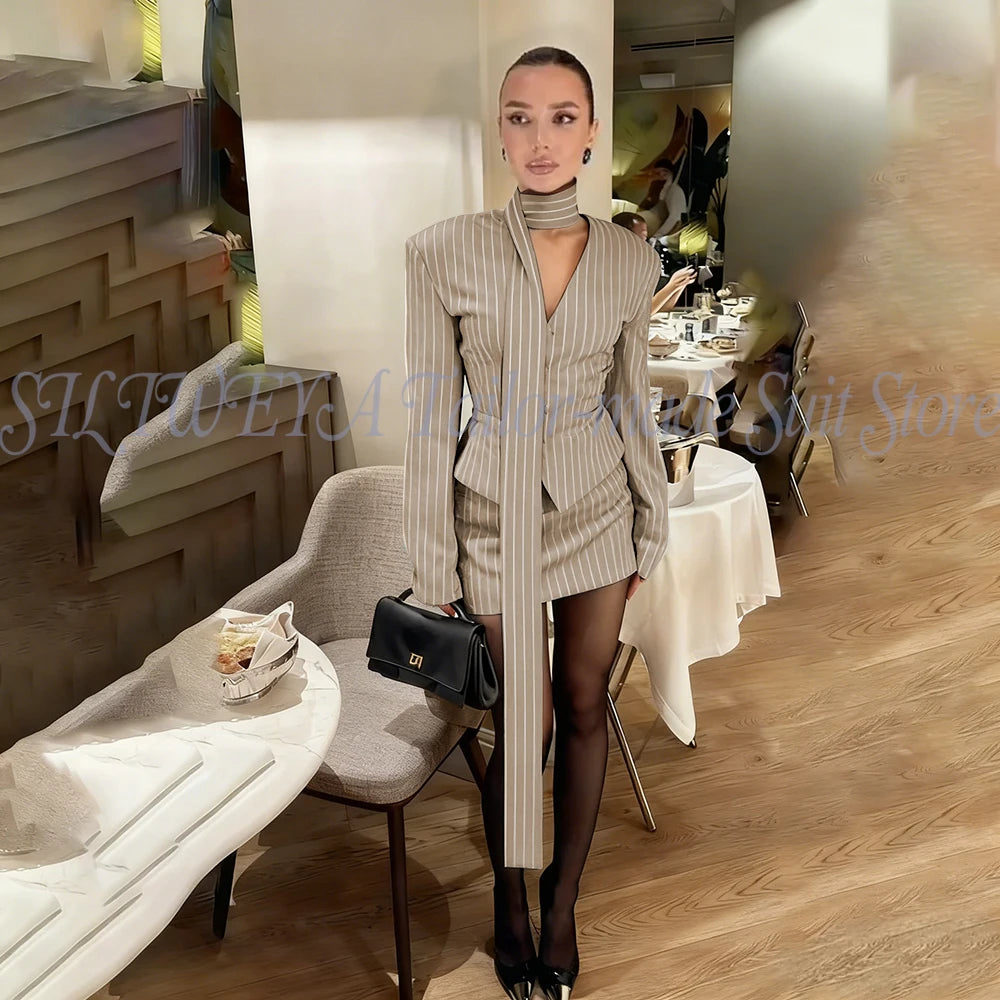 Single Breasted Blue Striped Blazer Skirt Set for Women