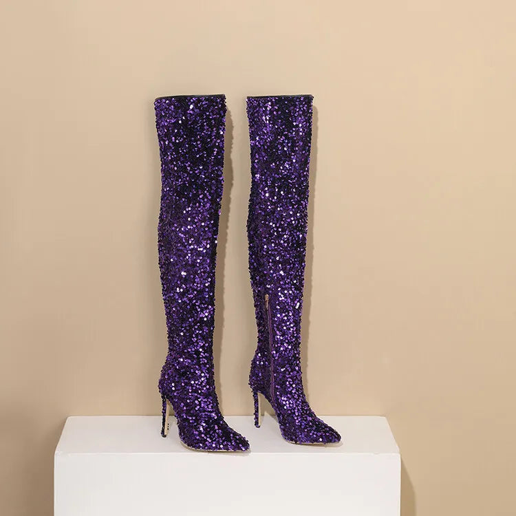 Sequin Pointed Toe Over The Knee Stiletto Boots For Women With Rear Zipper