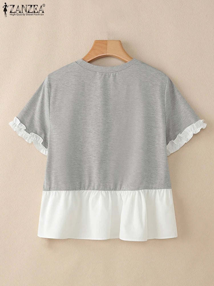 ZANZEA Woman Summer Fashion Chic T-Shirts Round Neck Short Sleeve Ruffle Trim Layered Hem Contrast-Color Casual Patchwork Tees