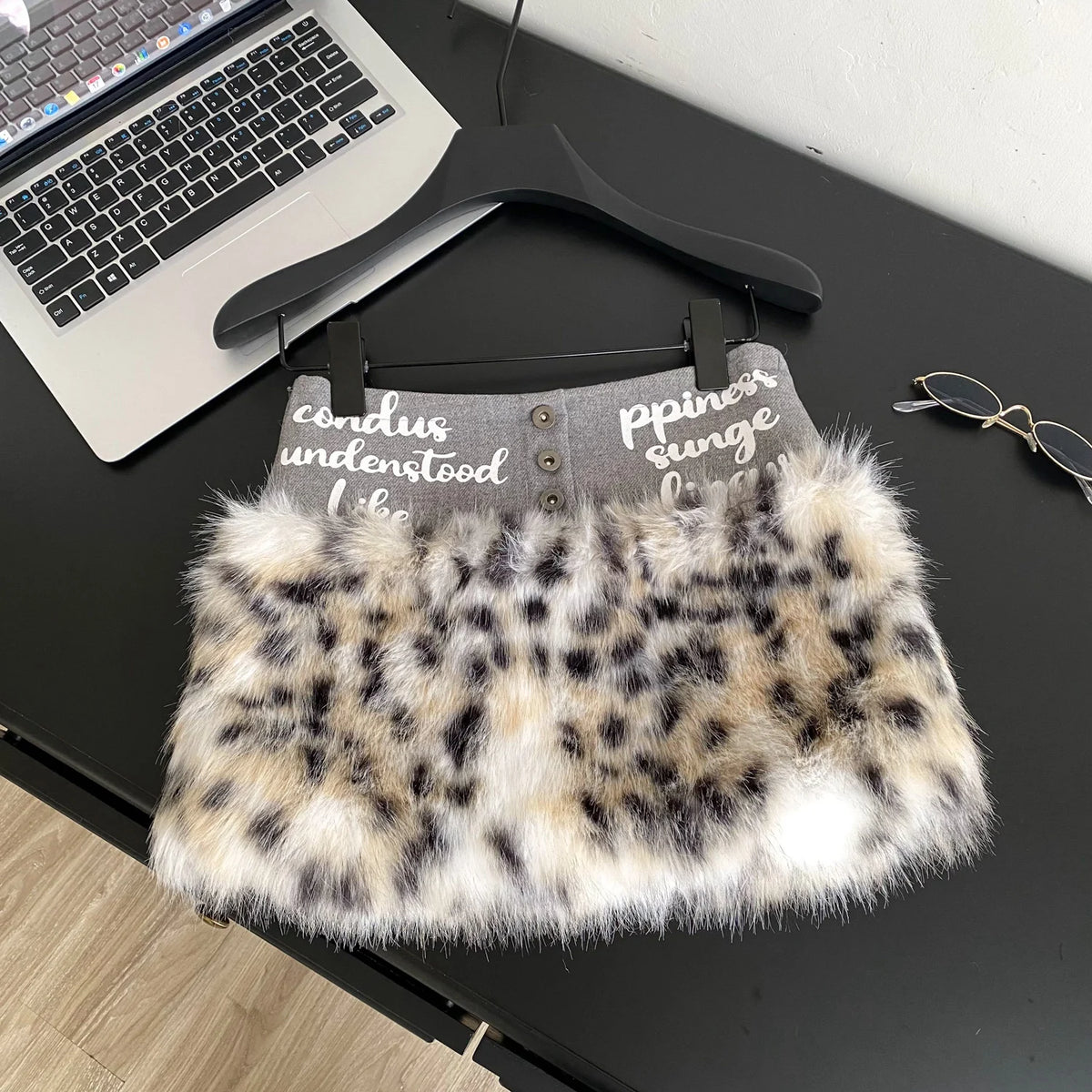 Leopard Print Furry A-Line Mini Skirt With Zipper for Women