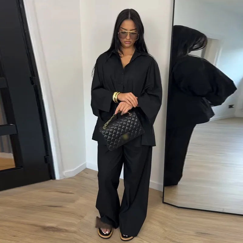 Casual Solid Shirt and Wide Leg Pants Set for Women