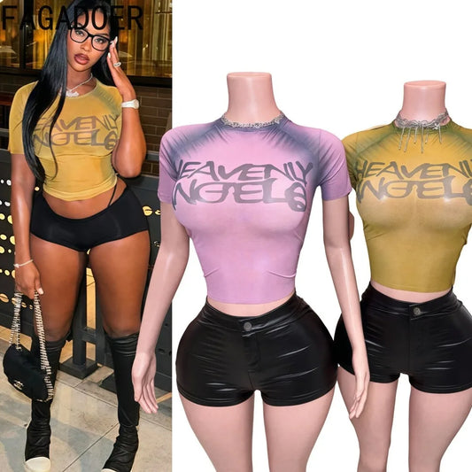 FAGADOER Y2k Fashion Mesh Letter Print 2 Piece Sets Woman Outfit See Through Short Sleeve Crop Top and Leather Short Streetwear
