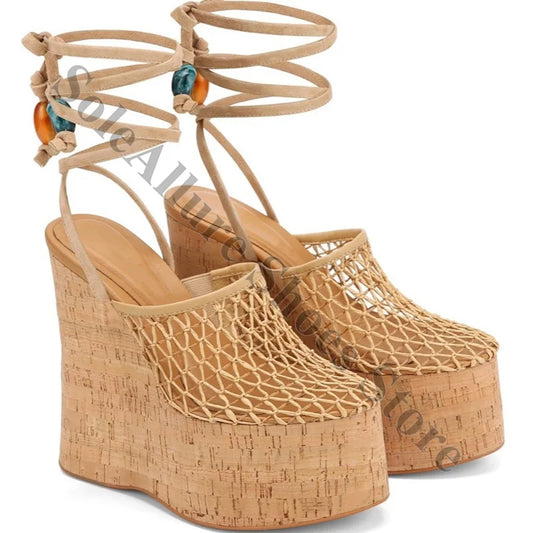 Beaded Ankle Strap Wedge Sandals