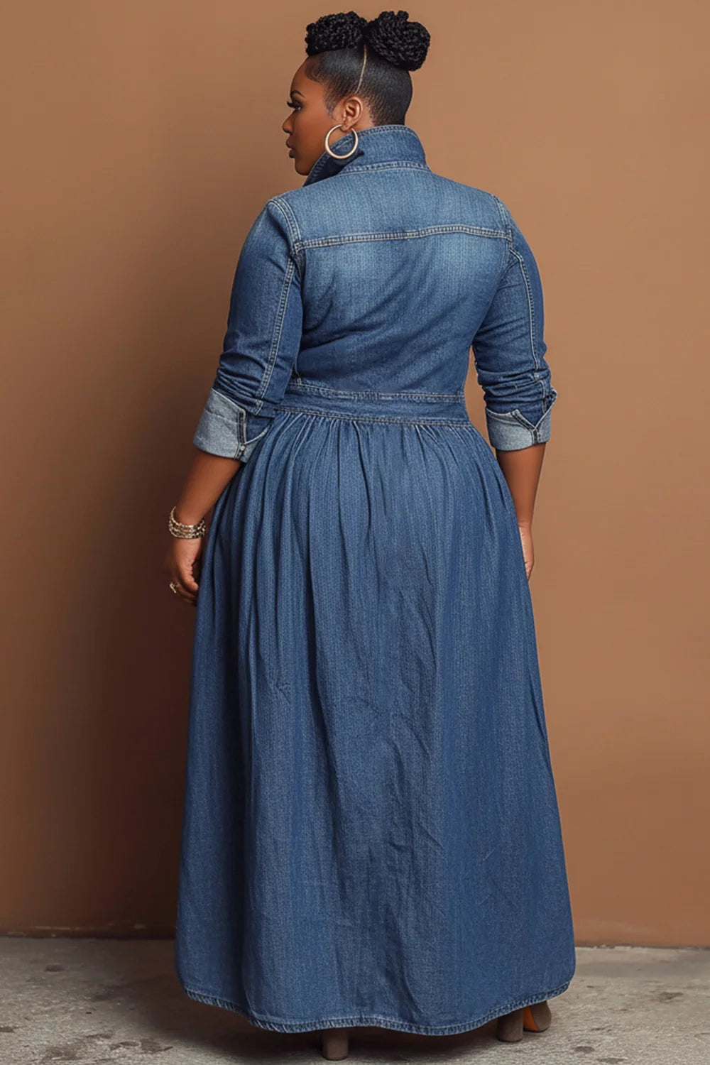 Plus Size Festival Blue High Collar Long Sleeve Zipper Denim Coat for Women