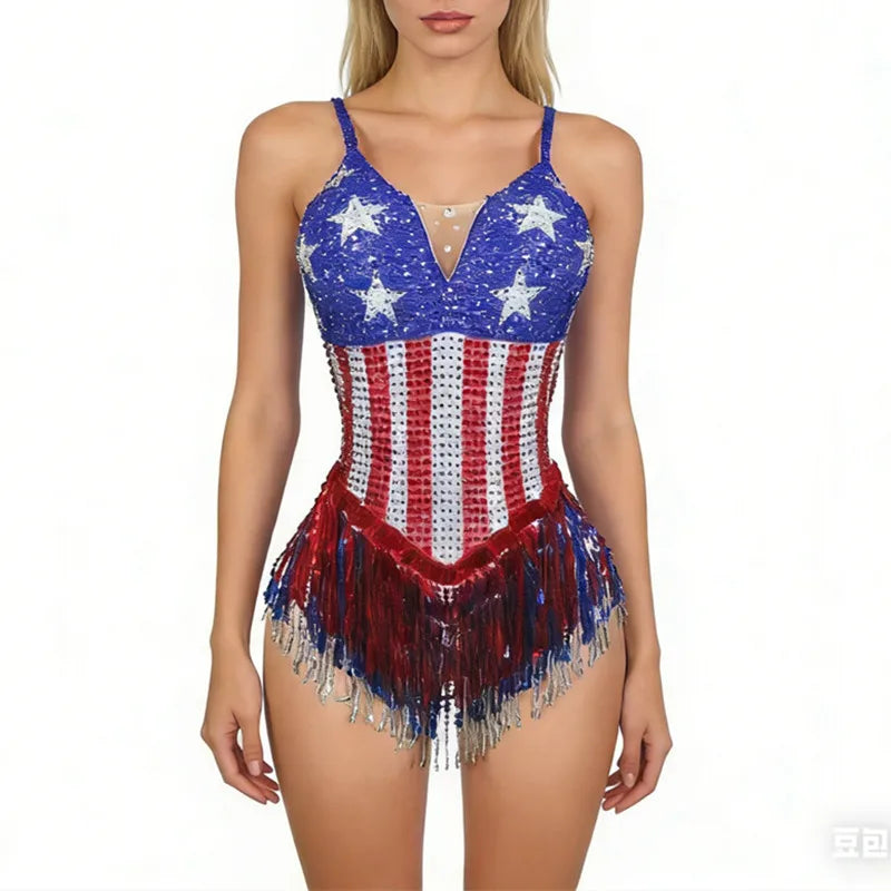 American Flag Crystal Tassel Dance Bodysuit for Women