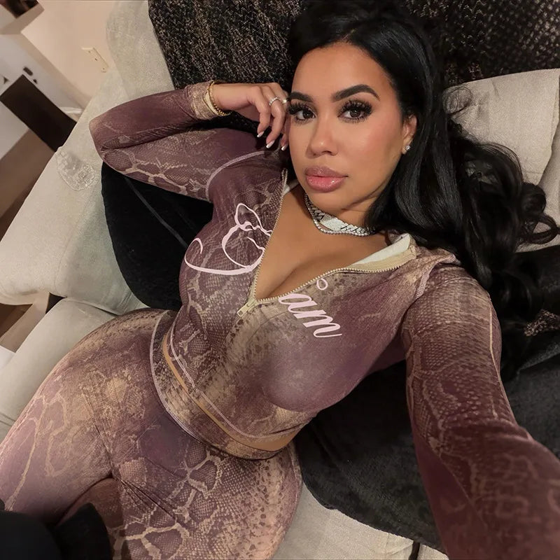 Snake Print Zip Jacket and Pants Two Piece Set for Women
