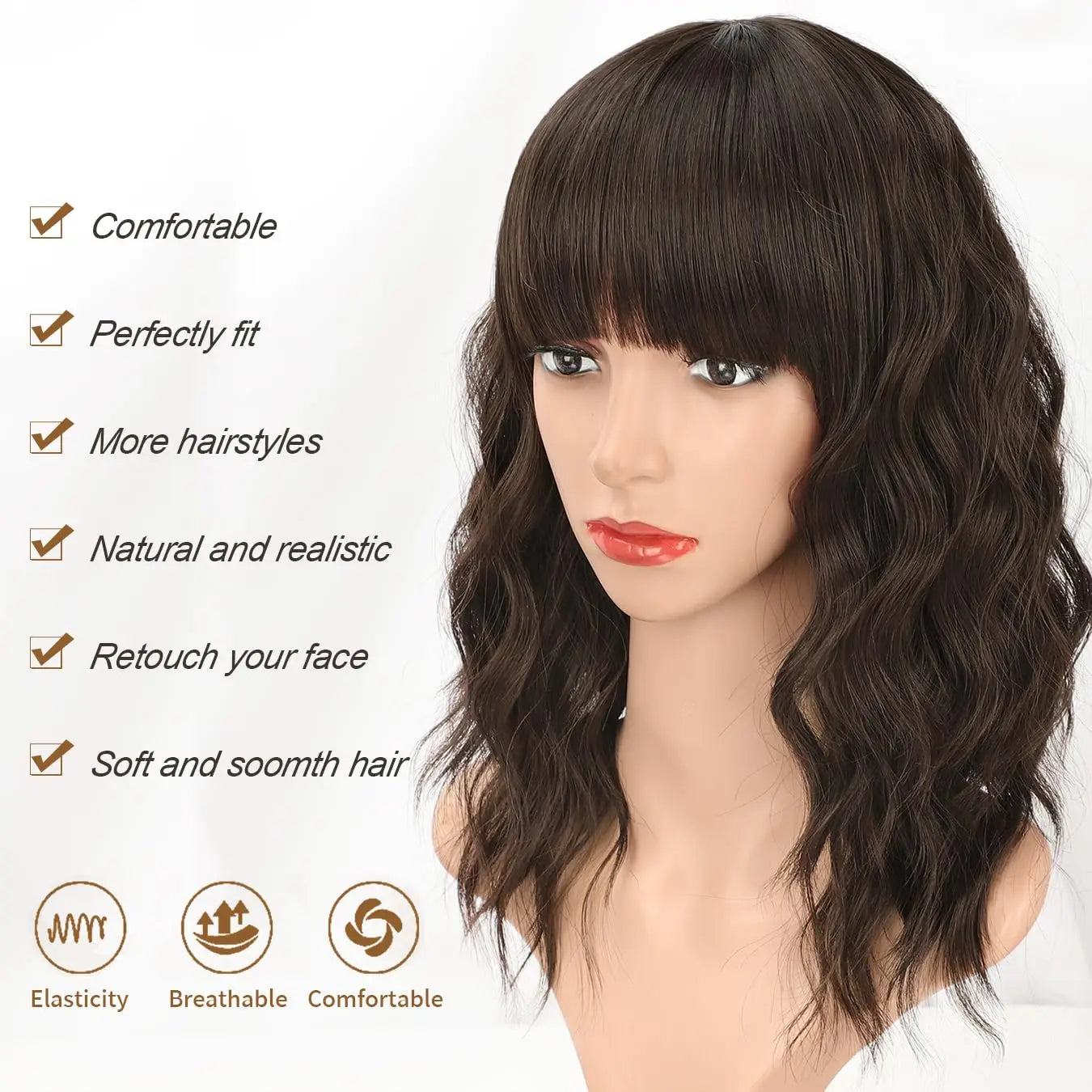 Natural Brown Synthetic Curly Wavy Bob Wig With Bangs For Women