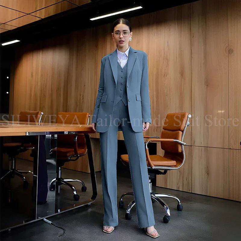 Luxury Purple Blue Women's Kit Suits 3 Piece Jacket Pants Vest Notch Lapel Female Clothing Slim Fit Smart Office Lady's Sets