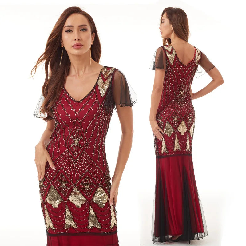 Sequined Beaded Mermaid Dress With V Neck for Women