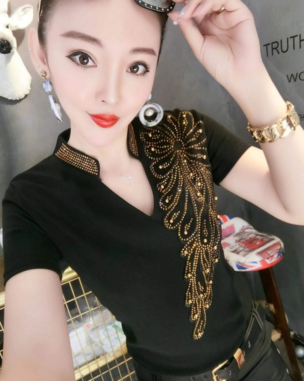 Sequin Women Tops Sleeve Polo Shirt Rhinestone Pulovers Vintage Glitter Luxury Women's Blouses Promotion Free Delivery Neck Cute