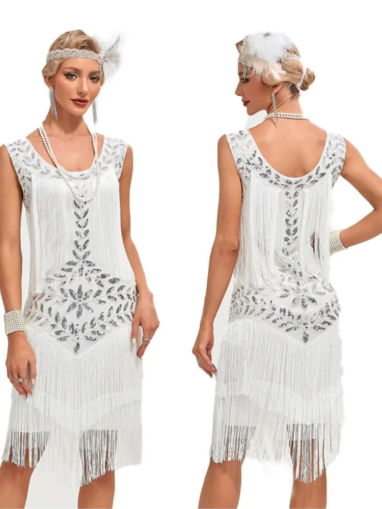Sequined Beaded Embroidery O Neck Knee Length Dress for Women