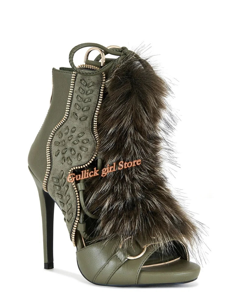 Faux Fur Open Toe Knee High Sandal Boots for Women