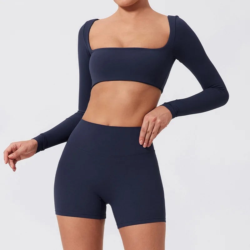 Sporty Solid U-Neck Crop Top and Shorts Two-Piece Set for Women