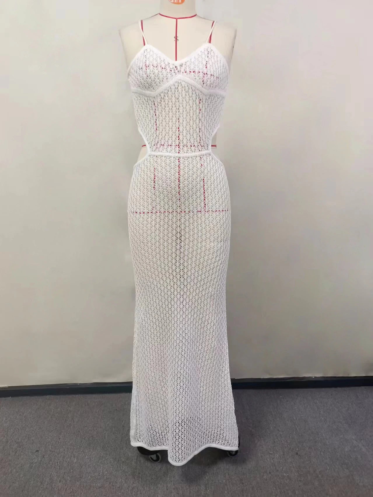 2024 Sexy See-through V Neck Cut Out Knit Beach Maxi Dress Summer Women's Holiday Elegant Outfit Swimsuit Cover Up Tunic A3094