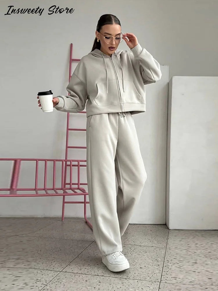 Casual Hooded Jacket and Wide Leg Pants Set for Women
