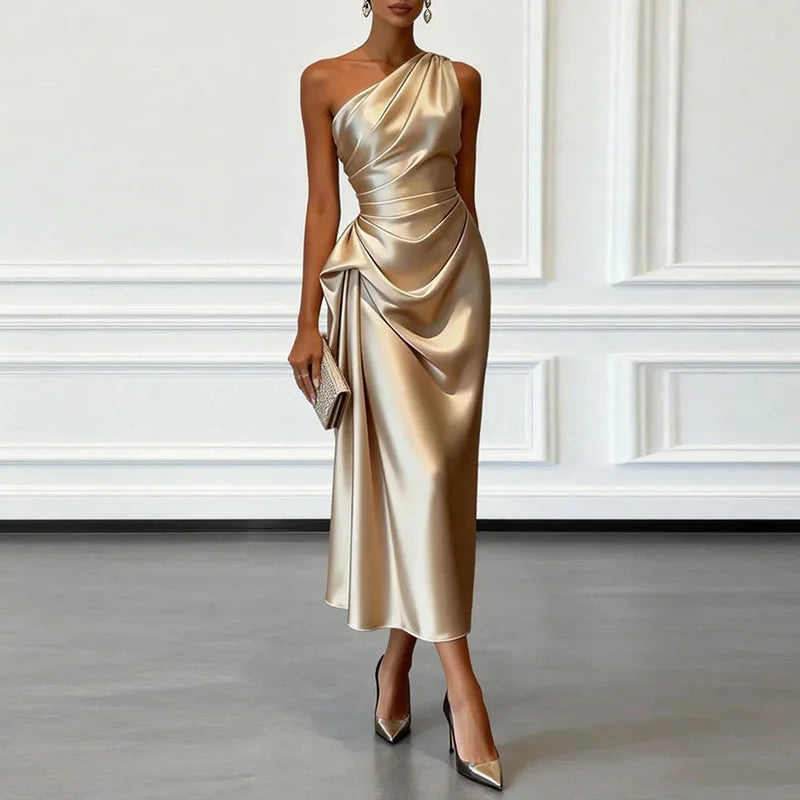 Charming One Shoulder Ruched Waist Satin Midi Dress For Women