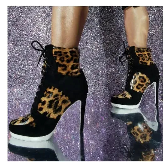 Lace Up High Top High Heel Sport Boots Size 47 Sporty Style Woman High Heel Lace-Up Short Boot High Heel Woman Sport Ankle Boots
