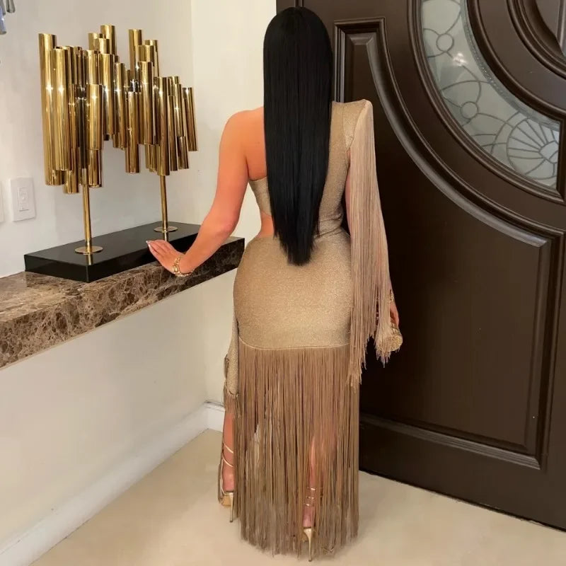 One Shoulder Tassel Ruched Maxi Evening Dress for Women