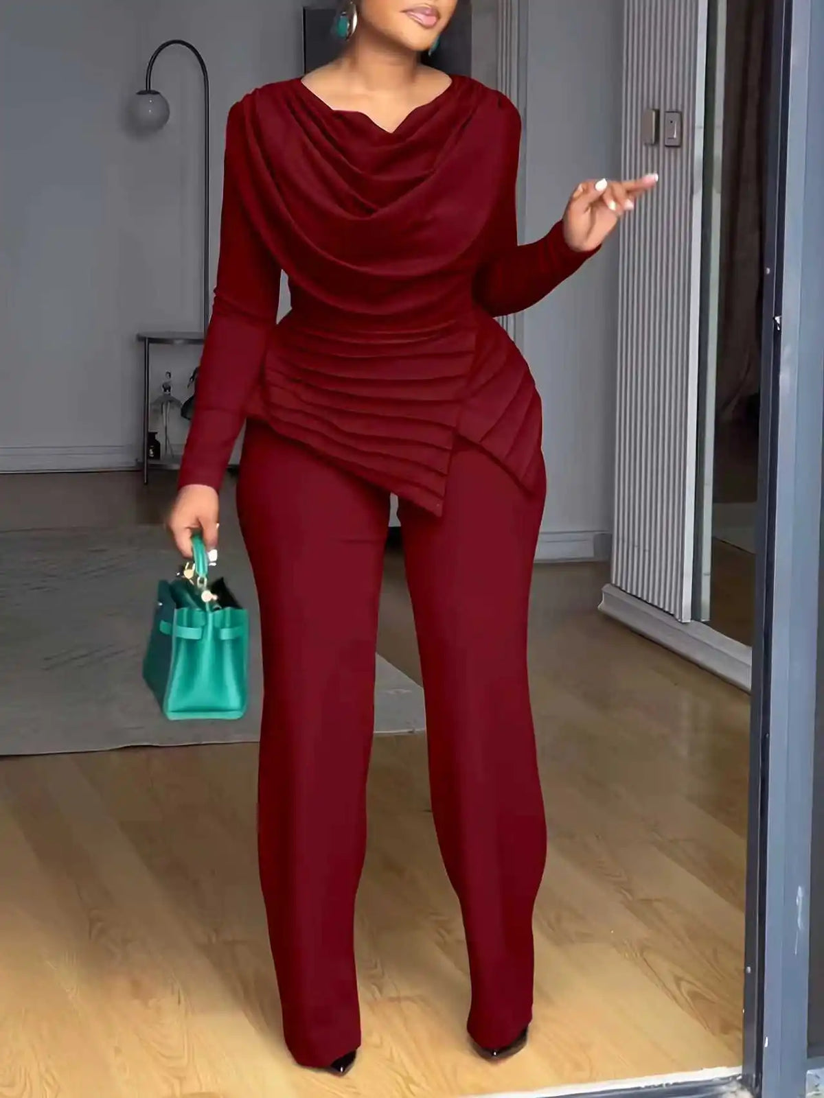 Casual Pile Collar Two Piece Wide Leg Pants Set for Women