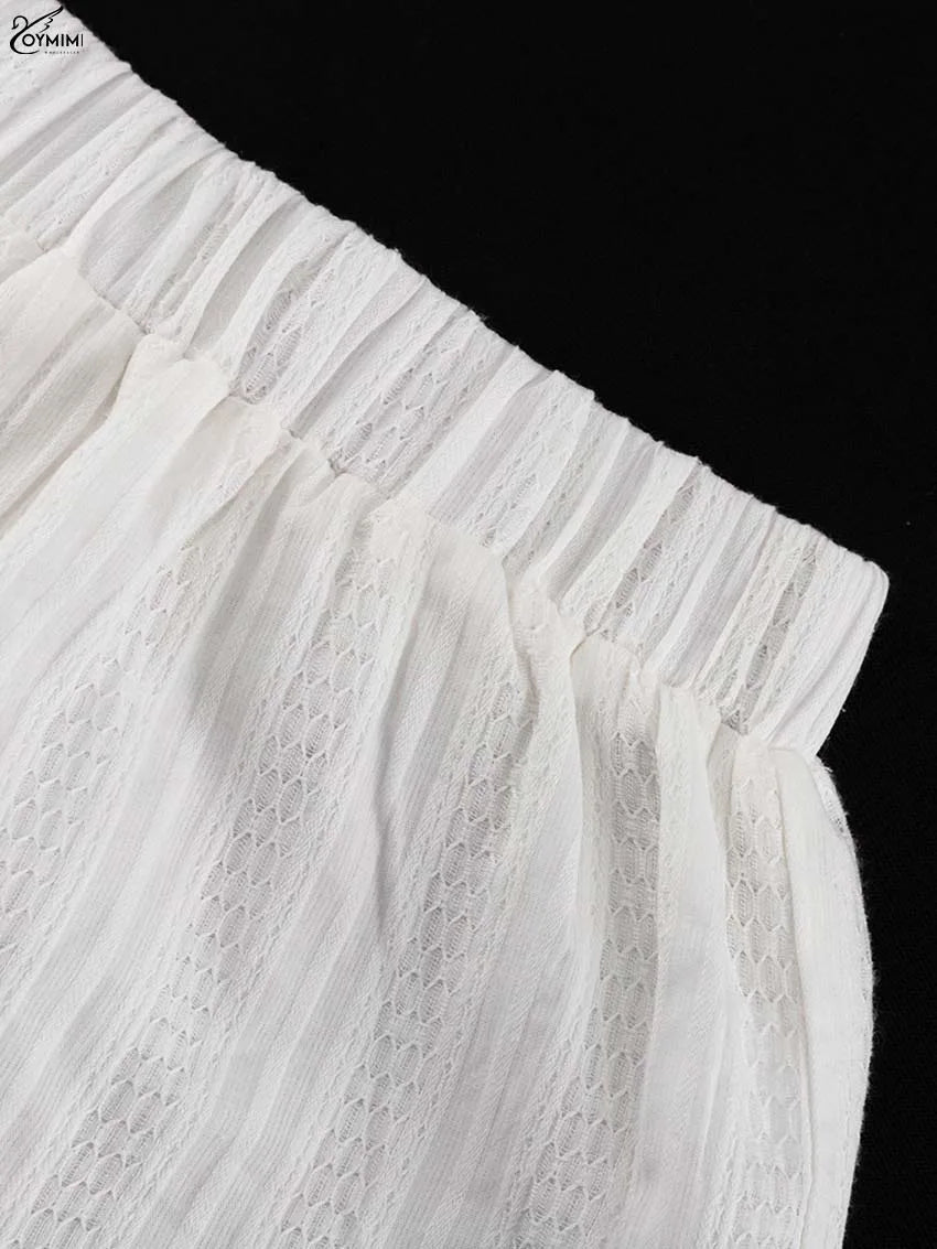 Oymimi Fashion White Cotton Women's Two Pieces Set Elegant Puff Sleeve Loose Lace-Up Shirts And High Waisted Shorts Female Sets