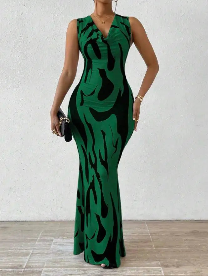 Dress Sleeveless Print Midi Wrap Waist Elegant Office Style Summer Travel Ready Now
