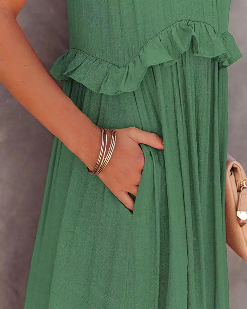 Solid Ruffled Sleeveless Maxi Sundress for Women