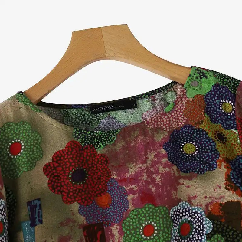 ZANZEA Women Long Sleeve Blouse 2024 Autumn Retro Floral Print Shirts Vintage Office Lady Cotton Chemise Holiday Round Neck Tops