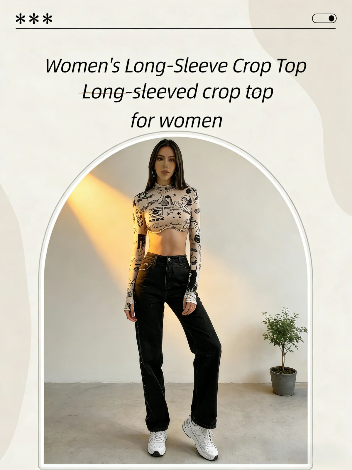 Patterned Mock Neck Cropped Long Sleeve Top for Women