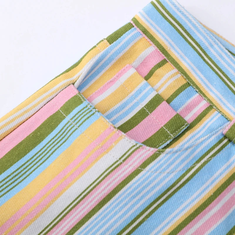 Color Block Rainbow Stripe Wide Leg Jeans for Women