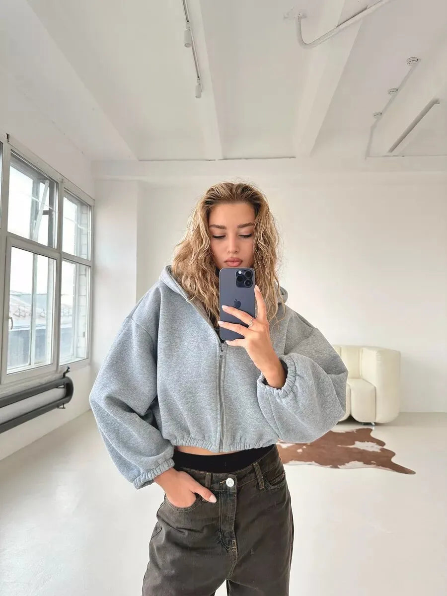 Cropped Zipper Hooded Sweatshirt Jacket With Long Sleeves for Women