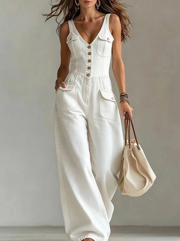 Retro V Neck High Waist Wide Leg Jumpsuit for Women