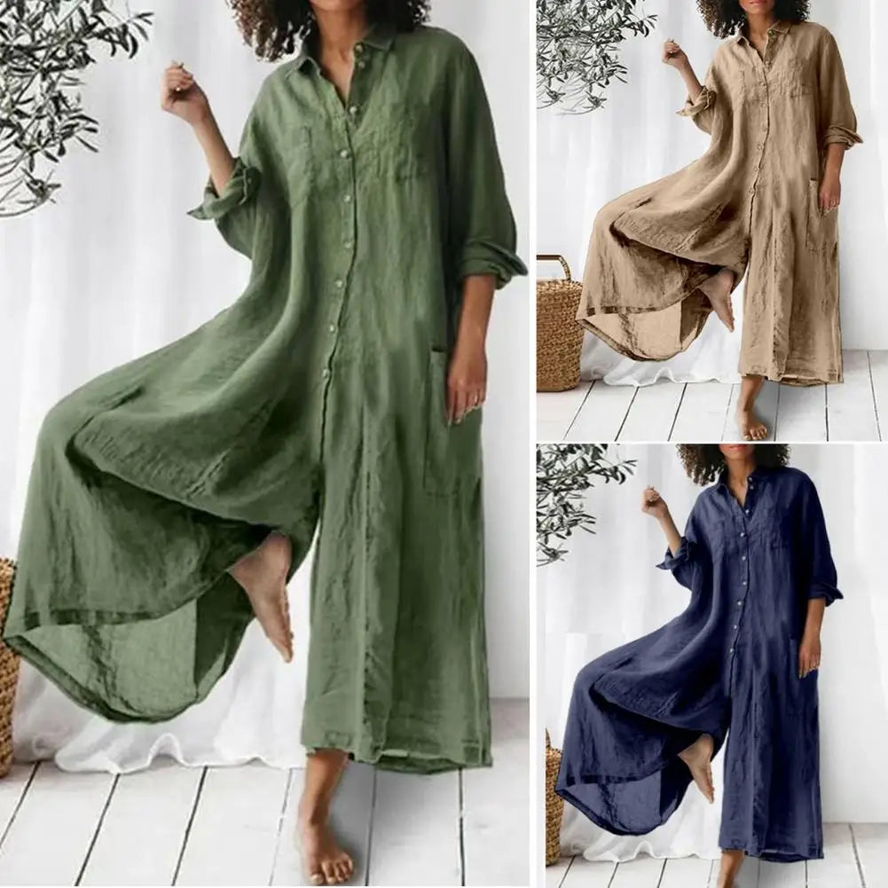 Oversized Cotton Linen Wide Leg Jumpsuit with Pockets for Women