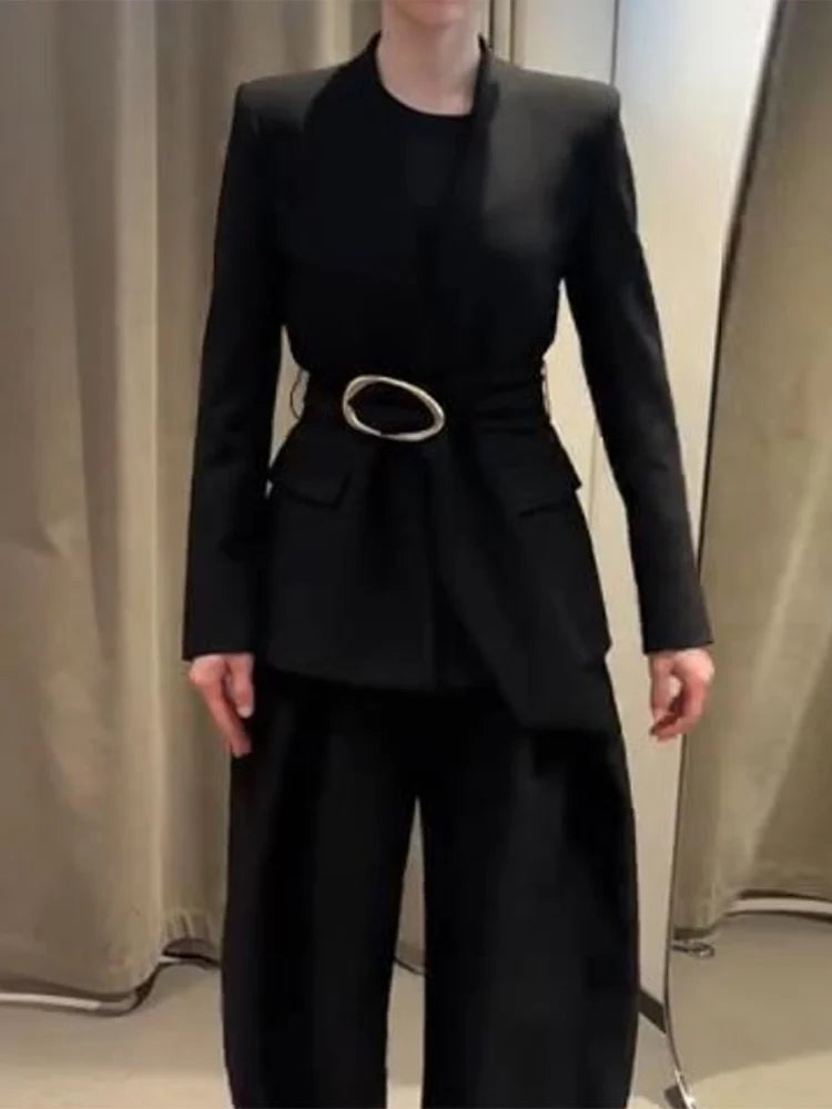 Elegant Solid Two Piece Blazer Pants Set for Women