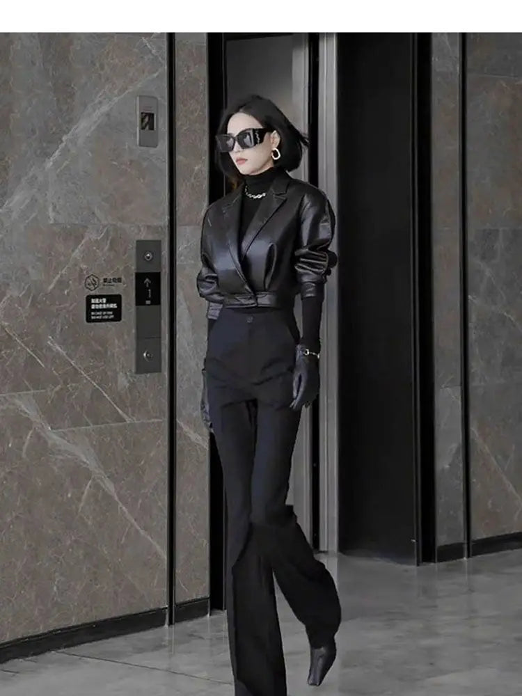 Trendy Faux Leather Blazer And Flared Pants Set For Women
